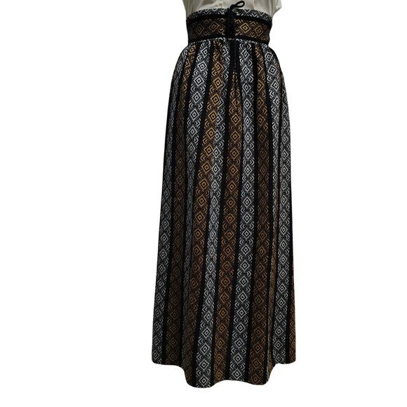 1960s High Waisted Handmade Tribal Boho Print Maxi Skirt Grommet Tie Front SZ XS